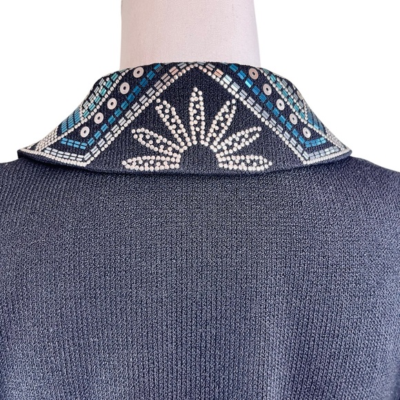 ST JOHN Black Knit Beaded Bolero Jacket Fringe 12 Cowgirl Western Sequin Cropped - Picture 8 of 16